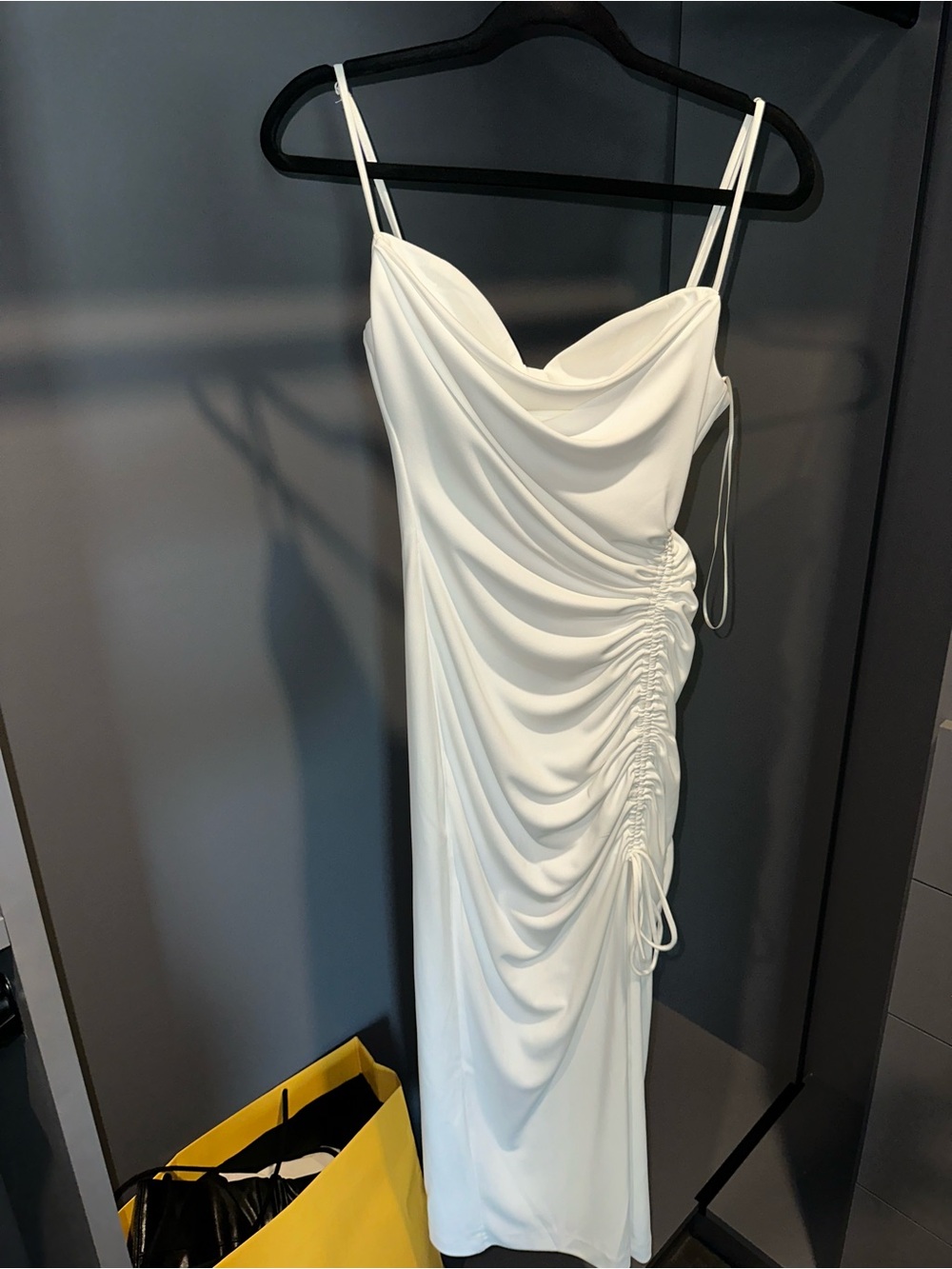 Zara White Draped Ruched Midi Slip Dress